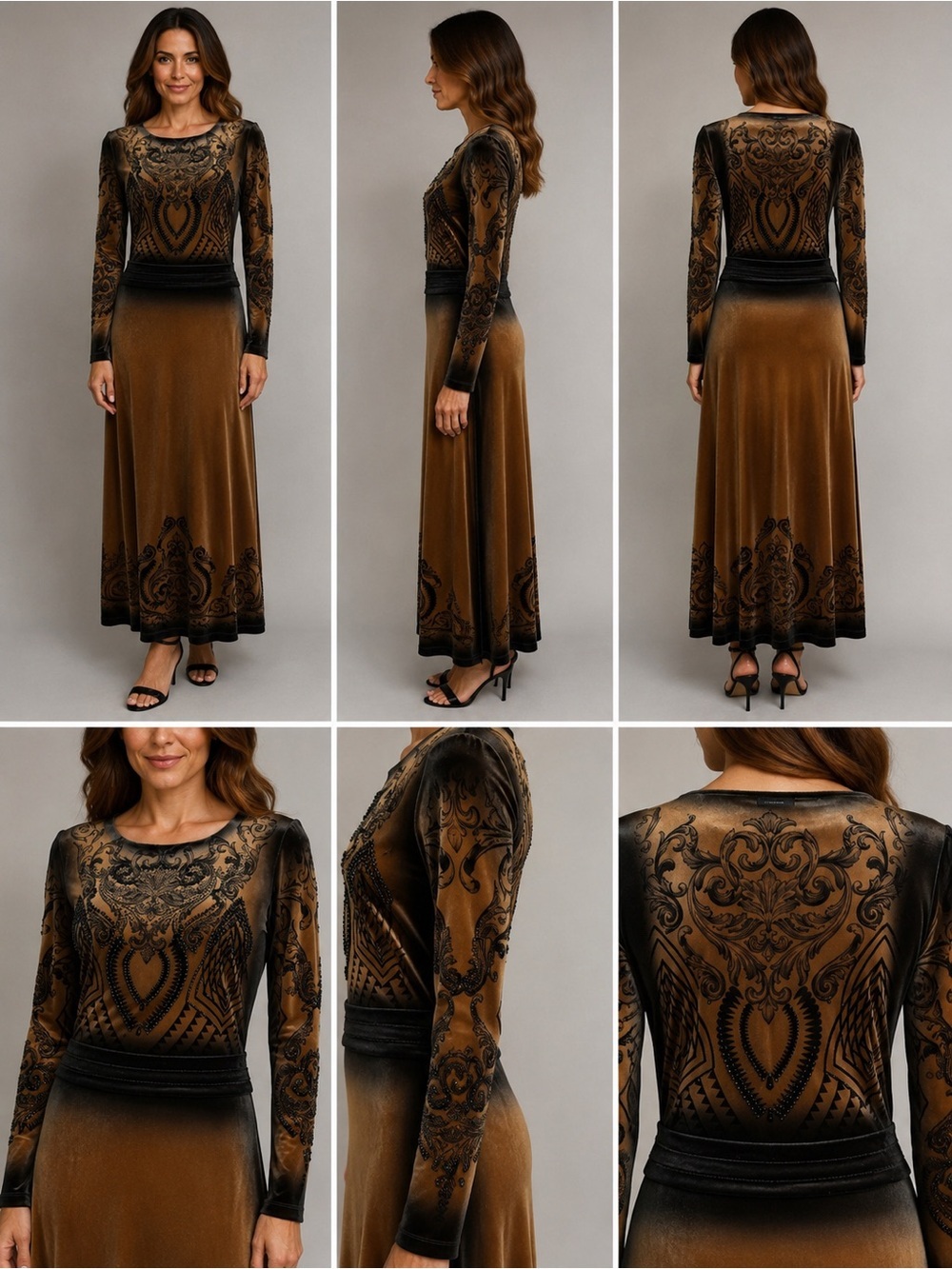 Elegant Long Sleeve Velvet Maxi Dress in Brown and Black